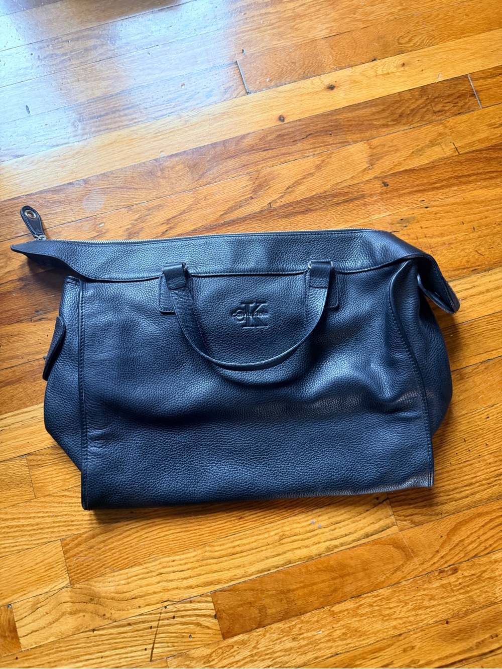 CK Black Embossed Logo Leather Weekend Bag